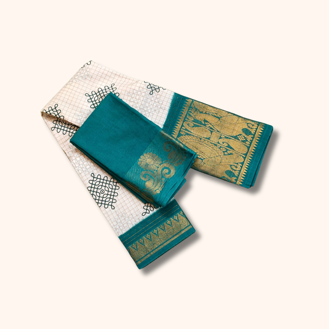 White Kolam Design Saree with Teal Border & Separate Blouse Piece