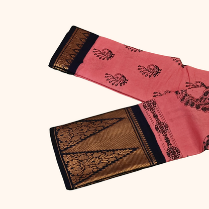 Coral Pink Peacock Print Sungudi Cotton Saree with Temple Border