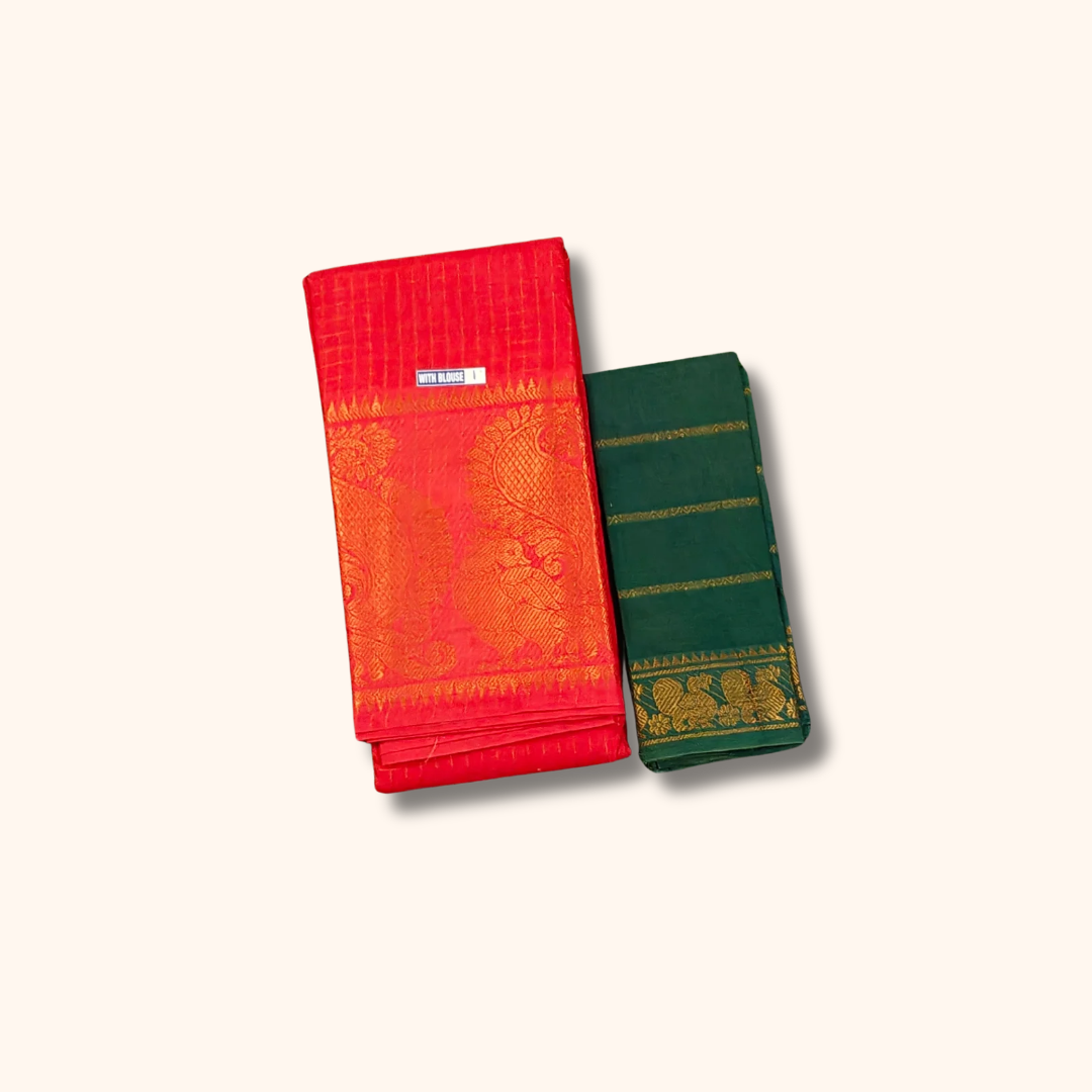 Red Checked Sungudi Cotton Saree with Peacock Zari Border