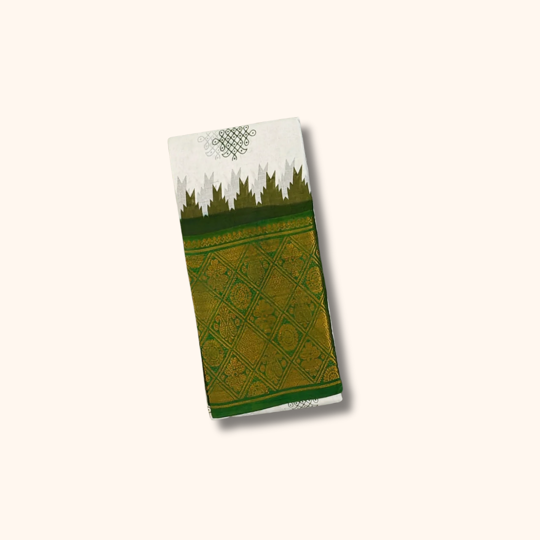 Cream Sungudi Cotton Saree with Bottle Green Diamond Zari Border