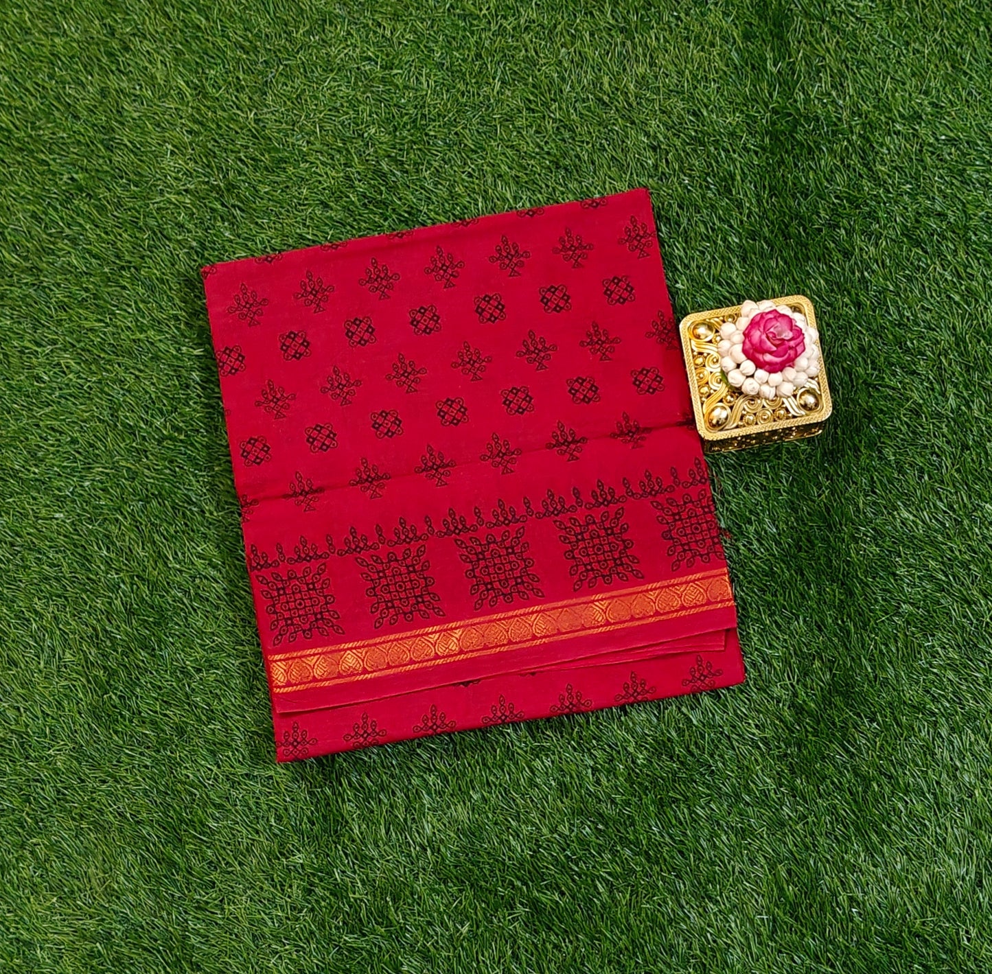 Red Sungudi Cotton Saree with Traditional Block Print Design