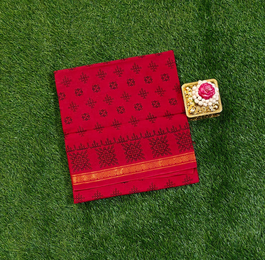 Red Sungudi Cotton Saree with Traditional Block Print Design