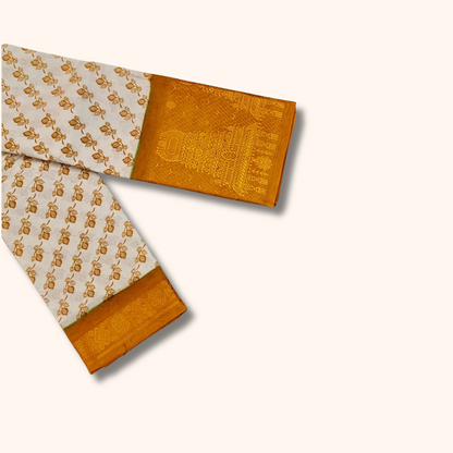 Off-White Cotton Saree with Mustard Floral Print & Gold Zari Border – No Blouse