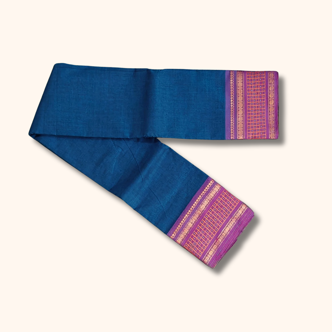 Royal Blue Chettinad Cotton Saree with Lavender Zari Border