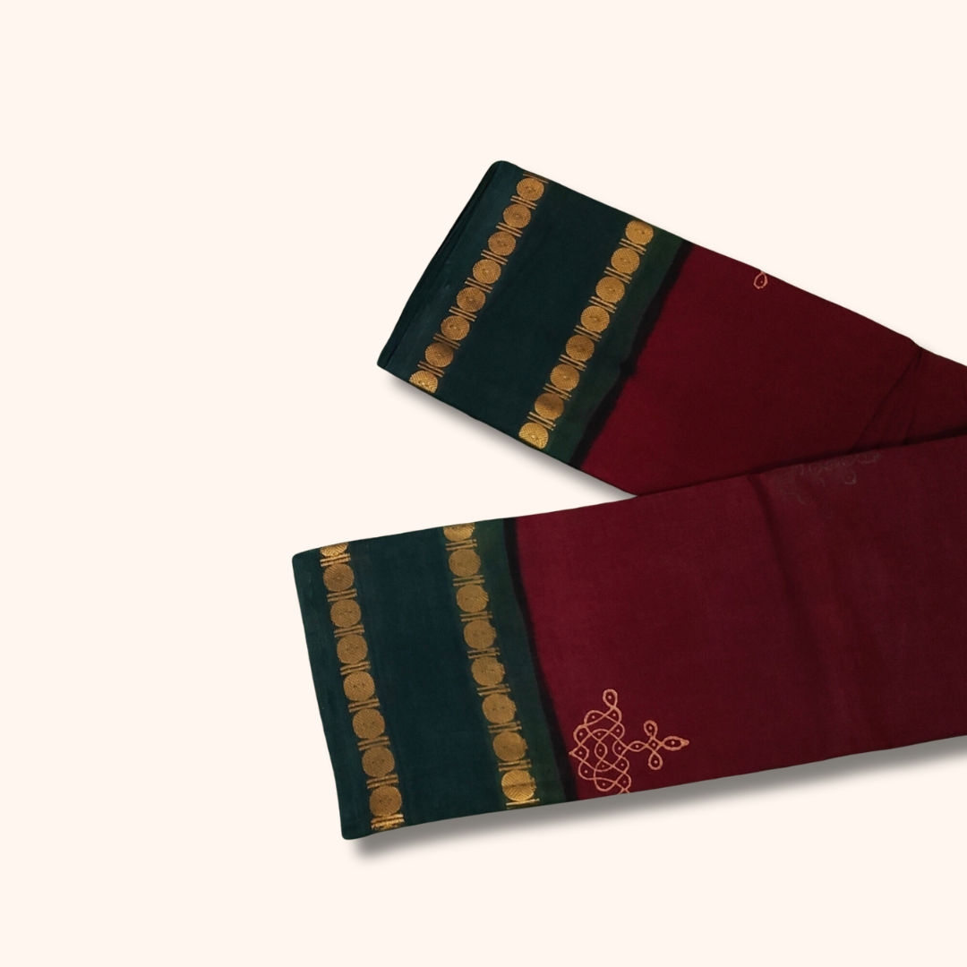 Maroon Cotton Saree with Dark Green Border and Gold Motifs – Running Blouse