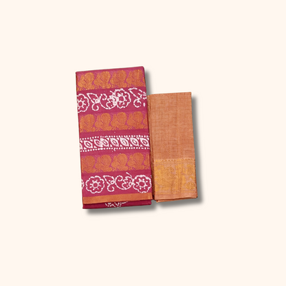 Rosewood Pink Pure Cotton Saree with Contrast Blouse Piece