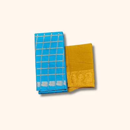 Sky Blue Checked Sungudi Saree with Golden Zari Border – Separate Blouse Piece