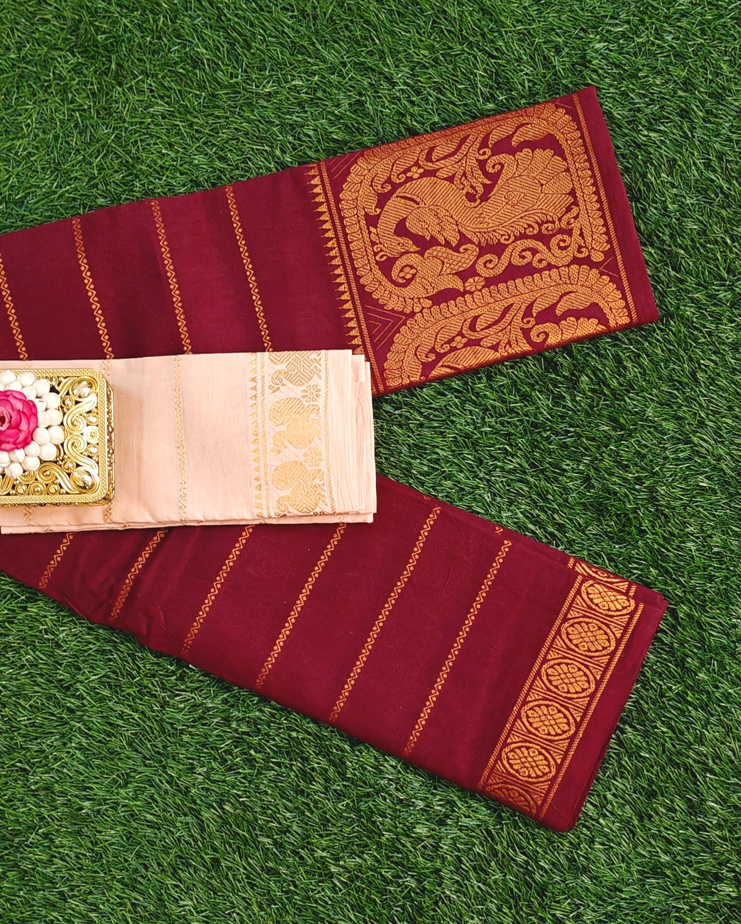 Beautiful Wine Maroon South Indian Cotton Saree with Contrast Blouse