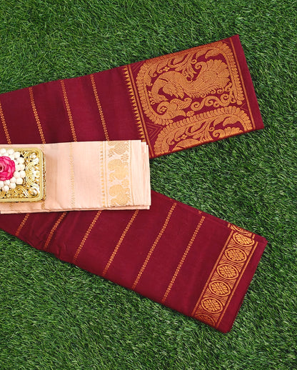 Beautiful Wine Maroon South Indian Cotton Saree with Contrast Blouse