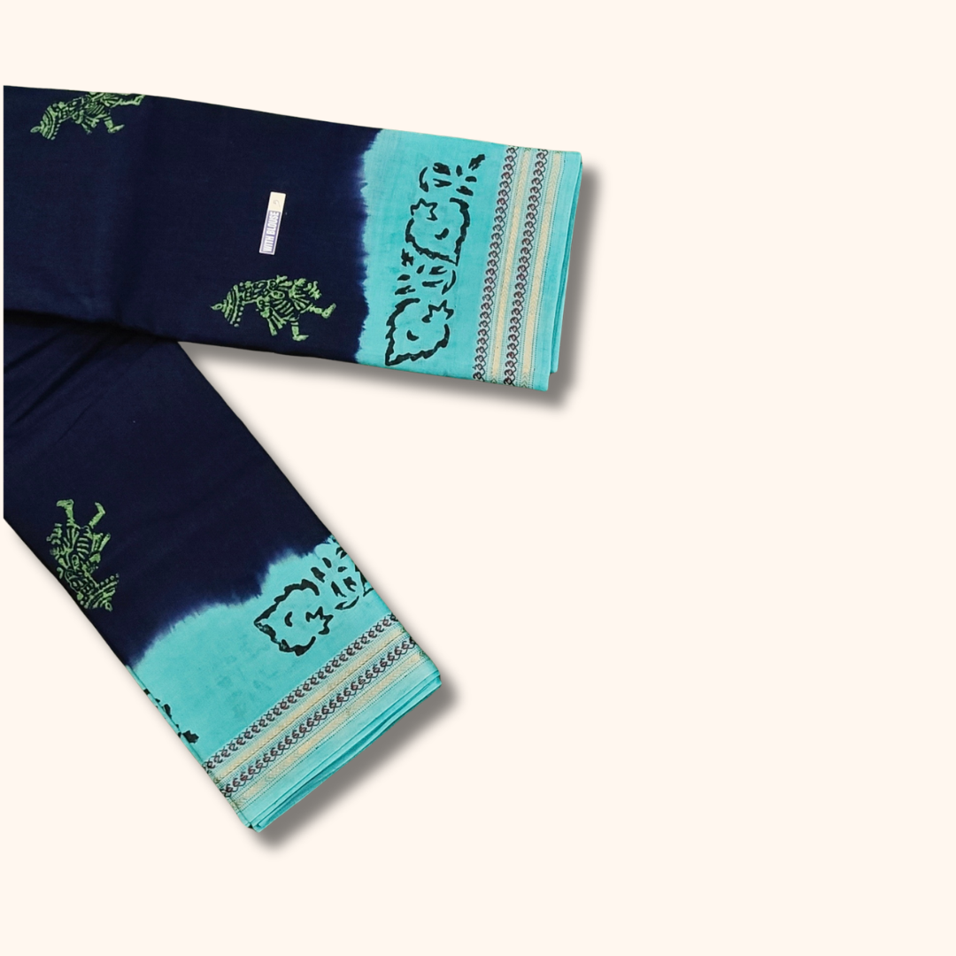 Navy Blue & Aqua Blue Batik Cotton Saree with Running Blouse