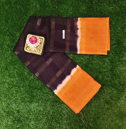 Dark Brown & Mustard Thread Work Cotton Saree with Contrast Border