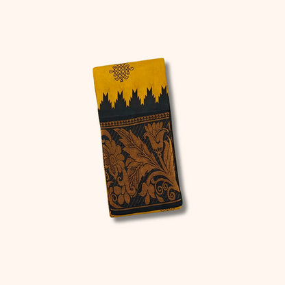 Mustard Yellow Kolam Print Cotton Saree with Black Floral Border