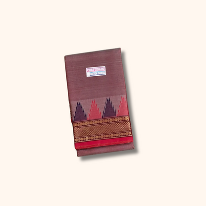 Classic Grey Chettinad Cotton Saree with Traditional Temple Design