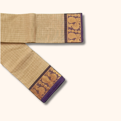 Beige Chettinad Cotton Saree with Purple Peacock Zari Border