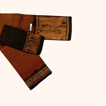 Rust Brown & Black Sungudi Cotton Saree with Peacock Pallu – Separate Blouse Piece