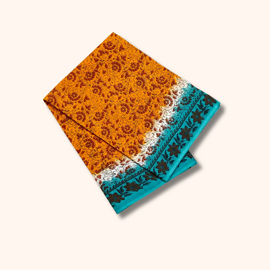 Mustard Yellow & Turquoise Blue Floral Kalamkari Cotton Saree with Printed Border
