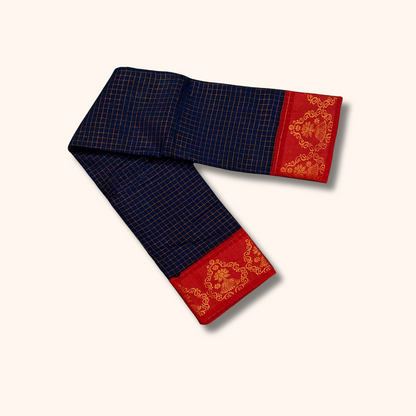 Dark Navy Blue Sungudi Cotton Saree with Red Zari Border