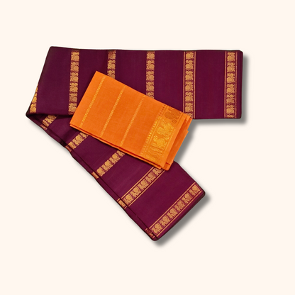 Maroon Cotton Saree with Gold Zari Border & Orange Separate Blouse