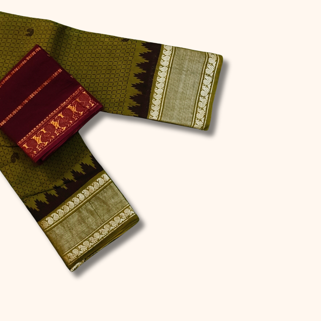 Olive Green Sungudi Cotton Saree with Silver Zari Temple Border