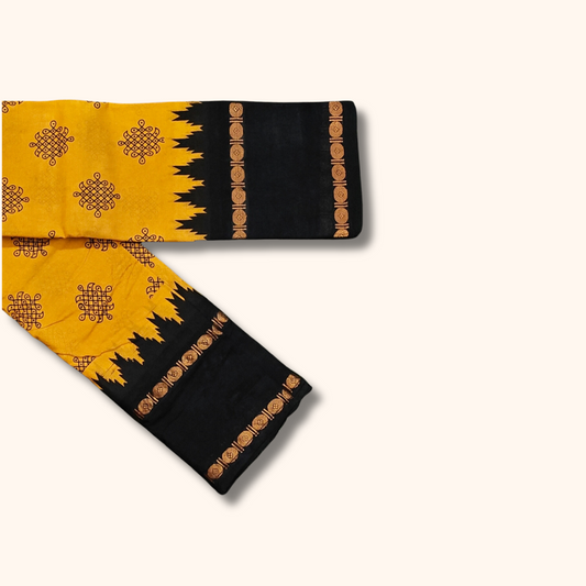 Mustard Yellow Kolam Cotton Saree with Black Temple Border