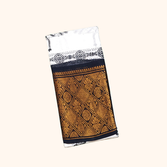 White Peacock Printed Cotton Saree with Designer Zari Border
