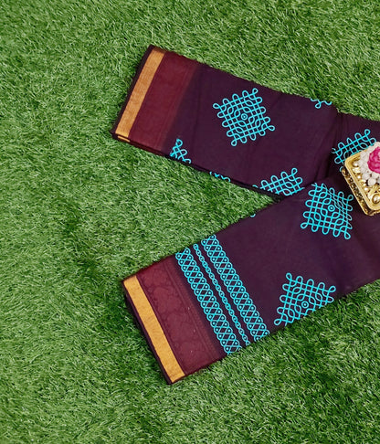Deep Maroon Sungudi Cotton Saree with Teal Kolam Design & Zari Border