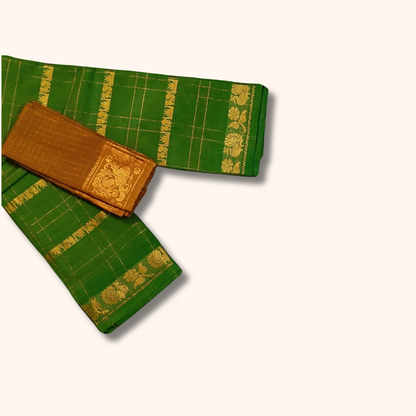 Green Pure Sungudi Cotton Saree with Gold Zari Checks & Separate Blouse Piece