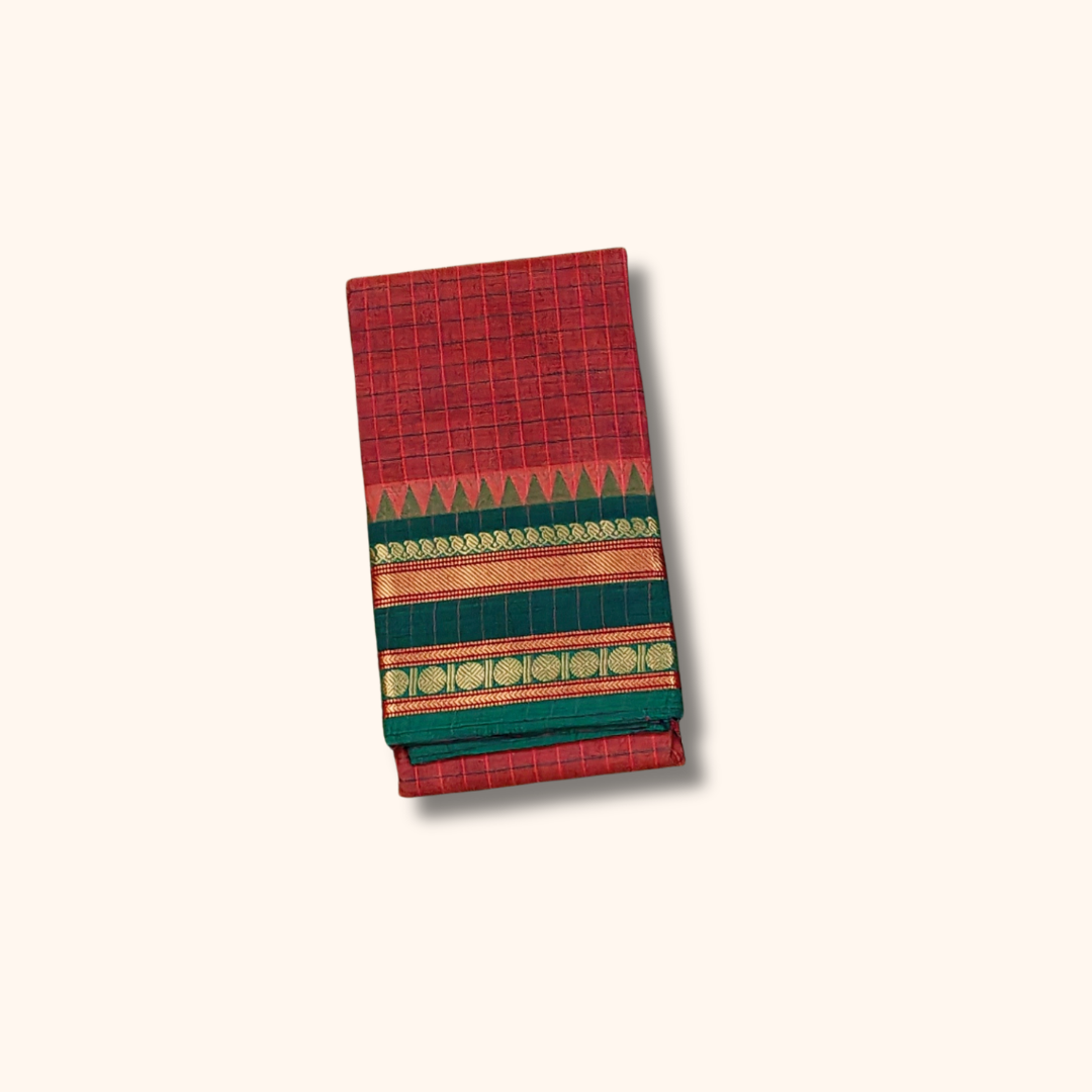 Light Brick red Checked Chettinad Cotton Saree with Teal Green Border
