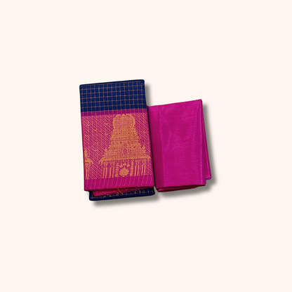 Navy Blue Chettinad Cotton Saree with Pink Temple Border & Gold Zari – Separate Blouse Piece