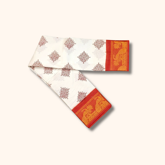 White Kolam Cotton Saree with Rust Orange Peacock Zari Border