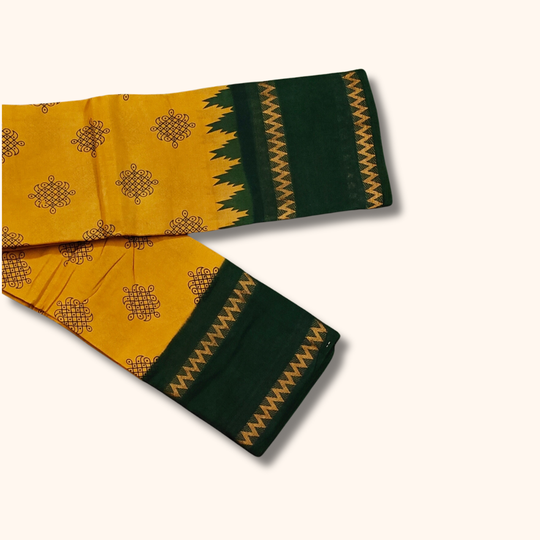 Mustard Yellow Sungudi Cotton Saree with Dark Green Zigzag Border – Running Blouse