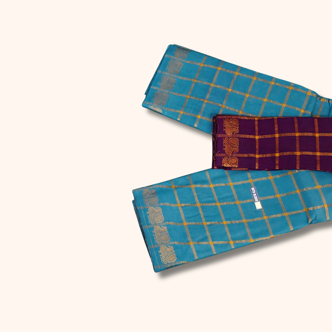 Sky Blue with Gold Checks & Peacock Border Pavithra Kattam Sungudi Cotton Saree