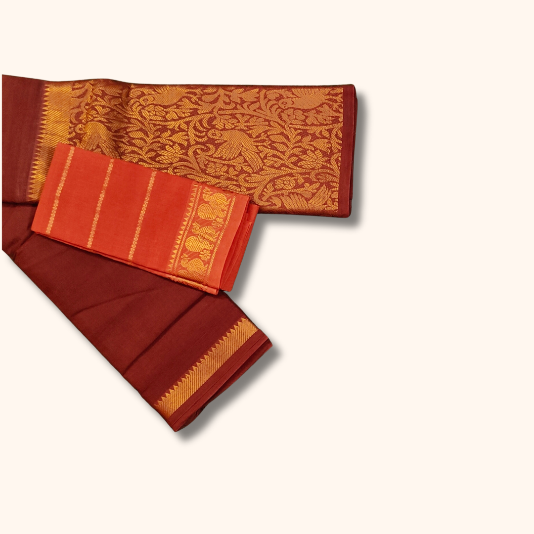 Rust Maroon Vasigara Pattern Sungudi Cotton Saree with Orange Contrast Separate Blouse Piece