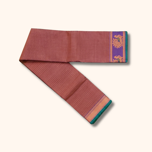 Dusty Rose Chettinad Cotton Saree with Peacock Border