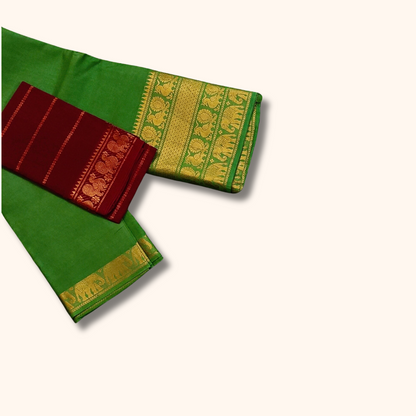 Green Cotton Saree with Gold Zari Traditional Border & Maroon Separate Blouse Piece