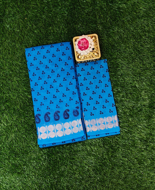 Authentic Sky Blue Sungudi Cotton Saree with Dotted Pattern & Paisley Zari Border