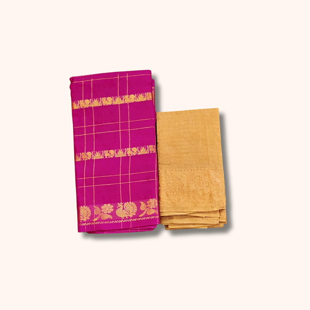 Magenta Pink Saree with Gold Zari Checks & Floral Border – Separate Blouse Piece