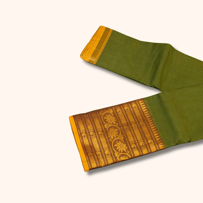Olive Green Chettinad Cotton Saree with Rich Gold Zari Border