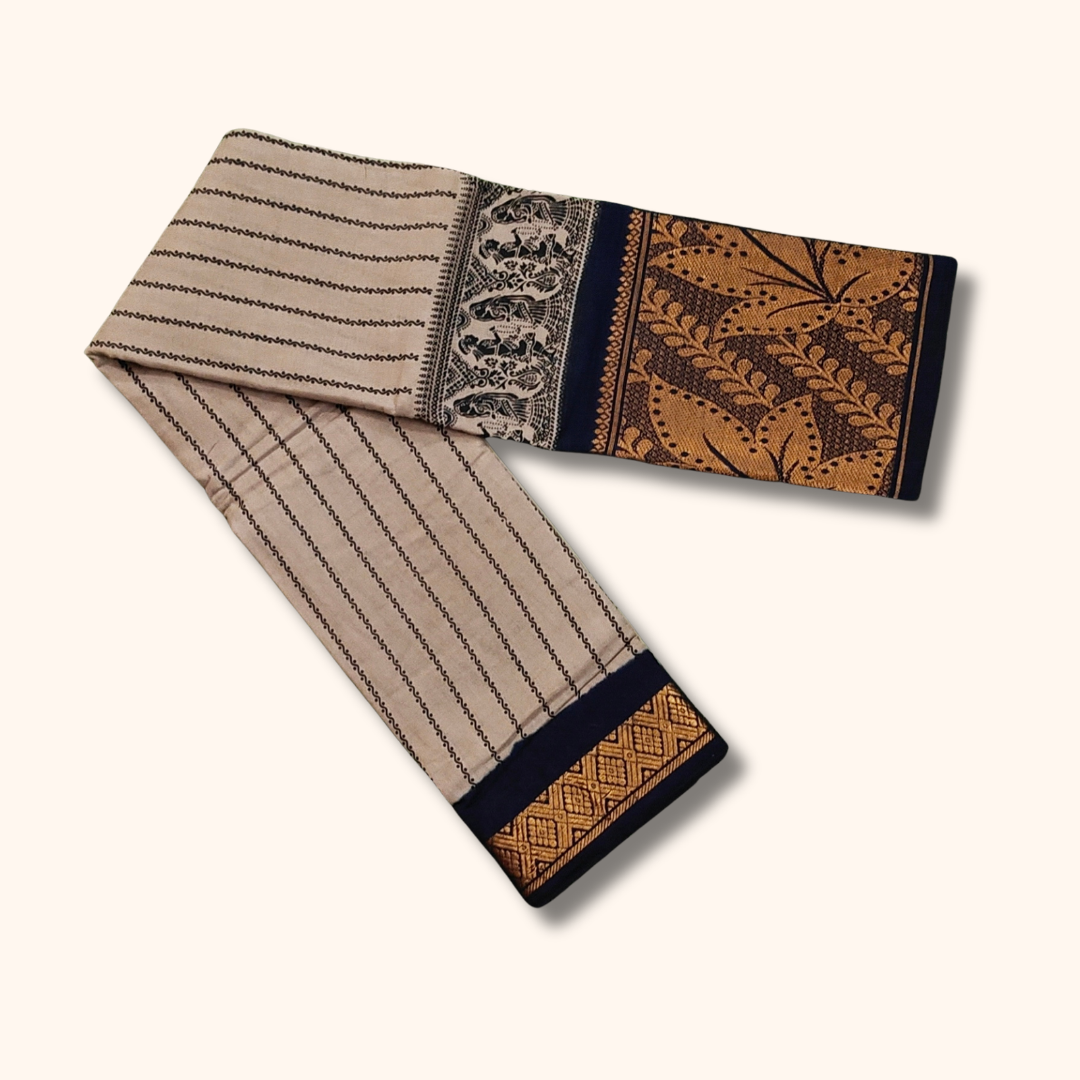 Grey Striped Sungudi Cotton Saree with Black Zari Border