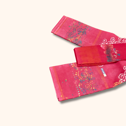 Rani Pink Sungudi Cotton Saree with Multicolor Batik Floral Border & Contrast Pallu