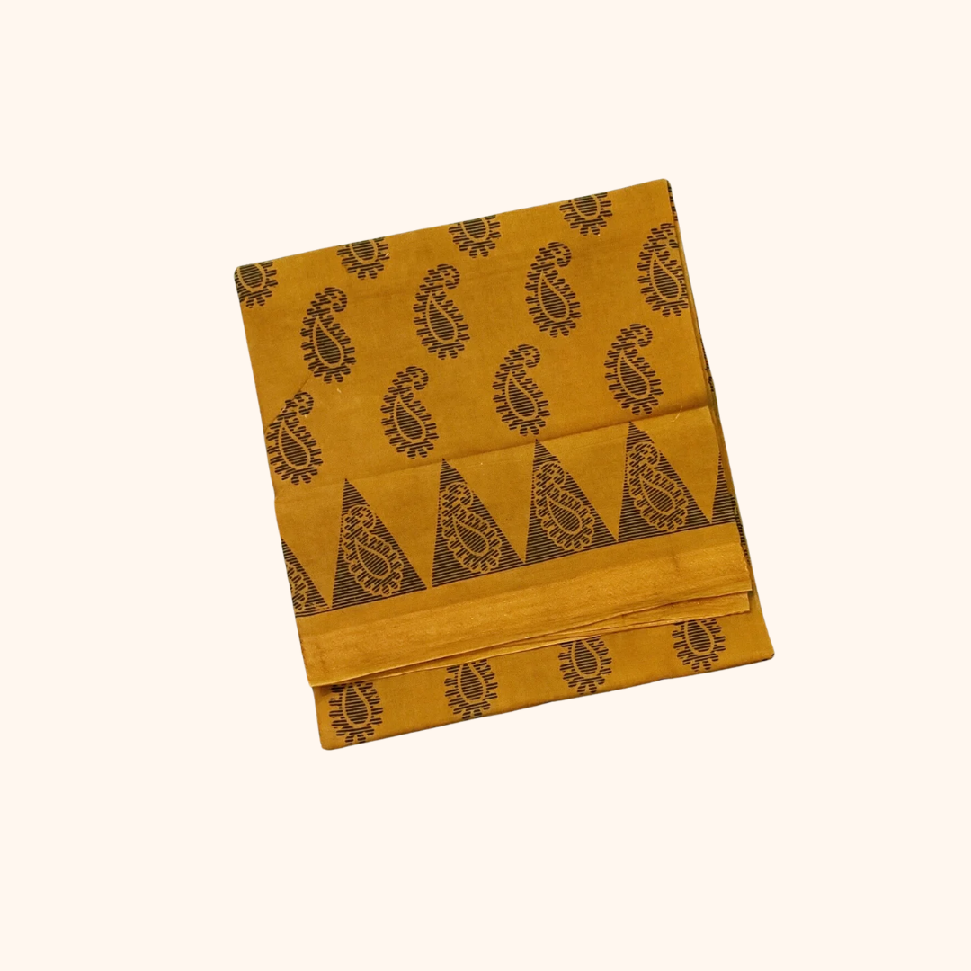 Mustard Yellow Paisley Print Cotton Saree