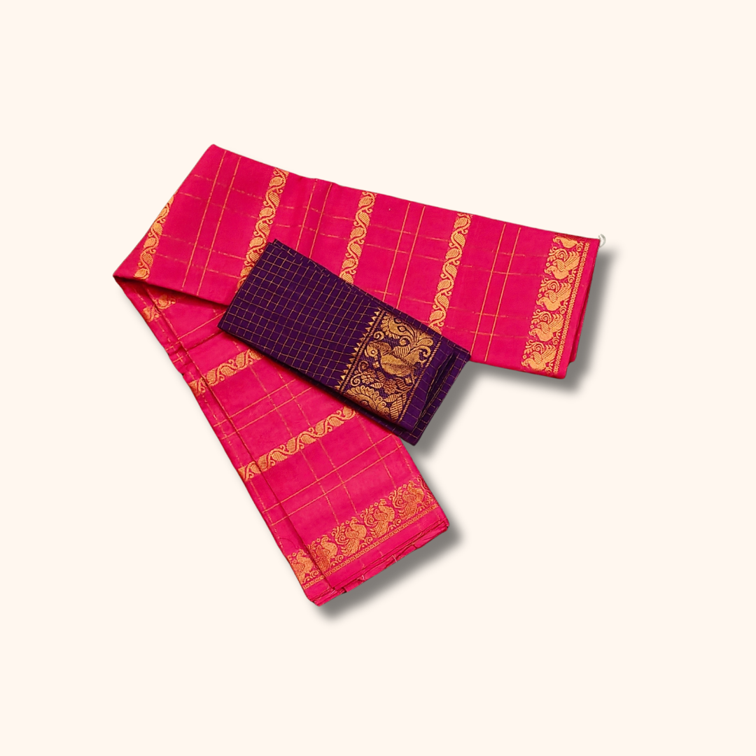 Rani Pink Pure Cotton Saree with Contrast Blouse Piece