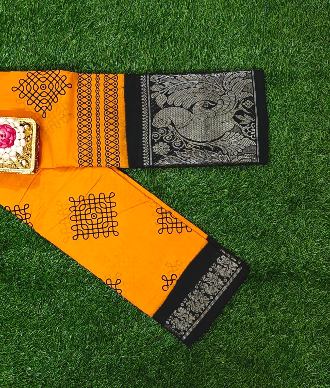 Bright Orange Kolam Design Sungudi Cotton Saree with Dark Blue Swan Border