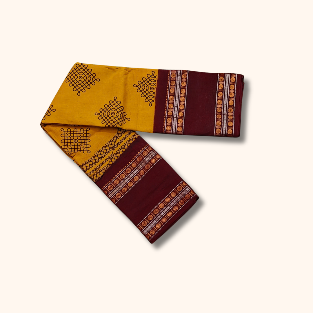 Mustard Yellow Sungudi Cotton Saree with Maroon Traditional Border – Running Blouse
