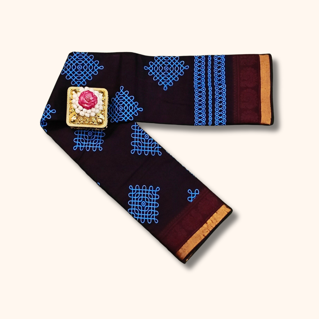 Beautiful Dark Maroon Sungudi Cotton Saree with Royal Blue Kolam Design & Zari Border