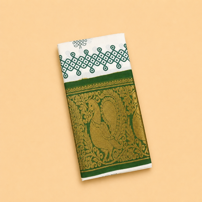 Beautiful Kolam White Printed Cotton Saree with Bottle Green Peacock Border