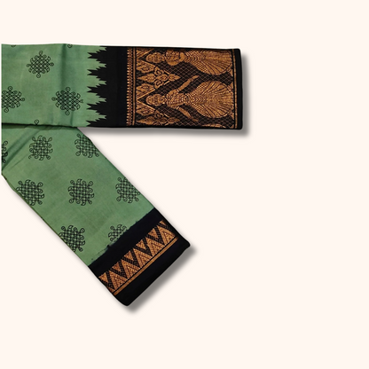 Mint Green Kolam Sungudi Cotton Saree with Traditional Black Dancing Girl Border