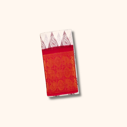Off White Sungudi Cotton Saree with Red Elephant Border
