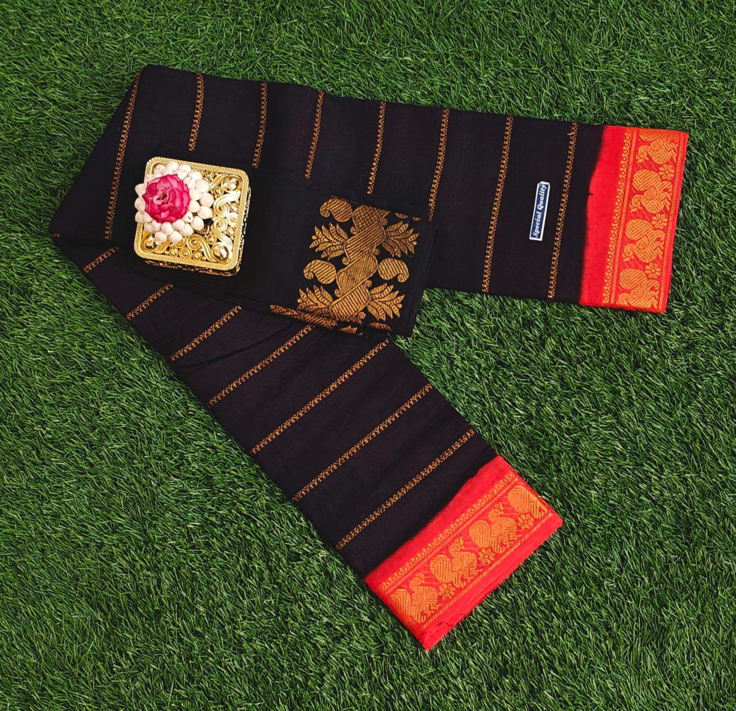 Black Cotton Saree with Red Border & Woven Motif Pallu